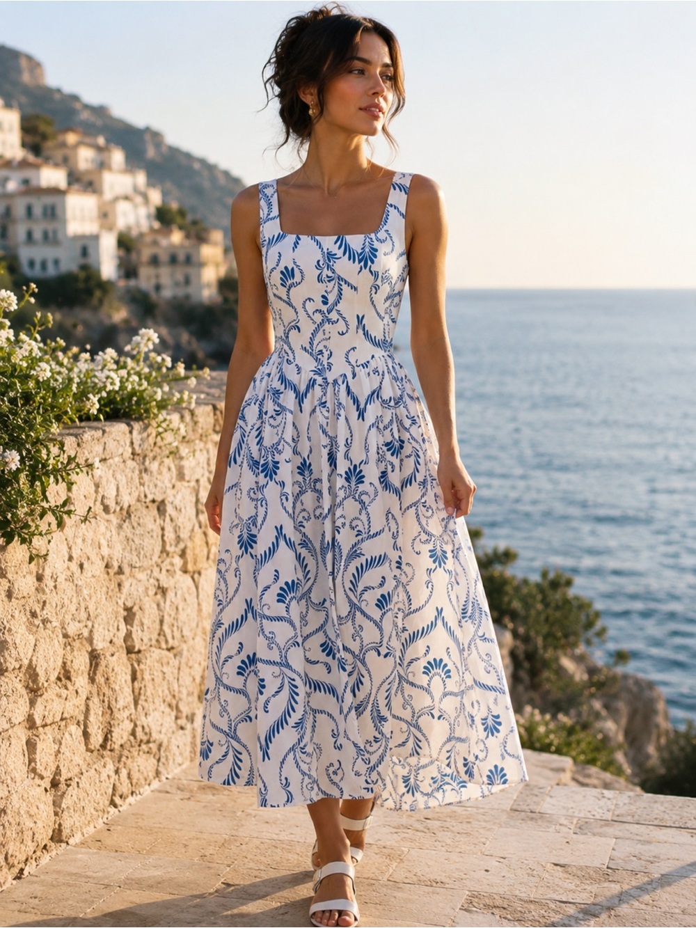 NWT 7 For All Mankind Blue White Scroll Floral Printed Panel Midi Dress Size 10